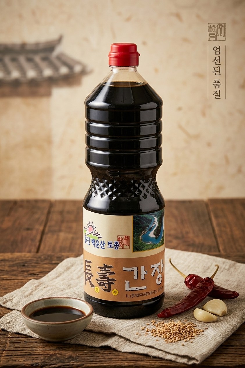 한옥을 배경으로 놓인 동강 백운산 재래 간장 병
